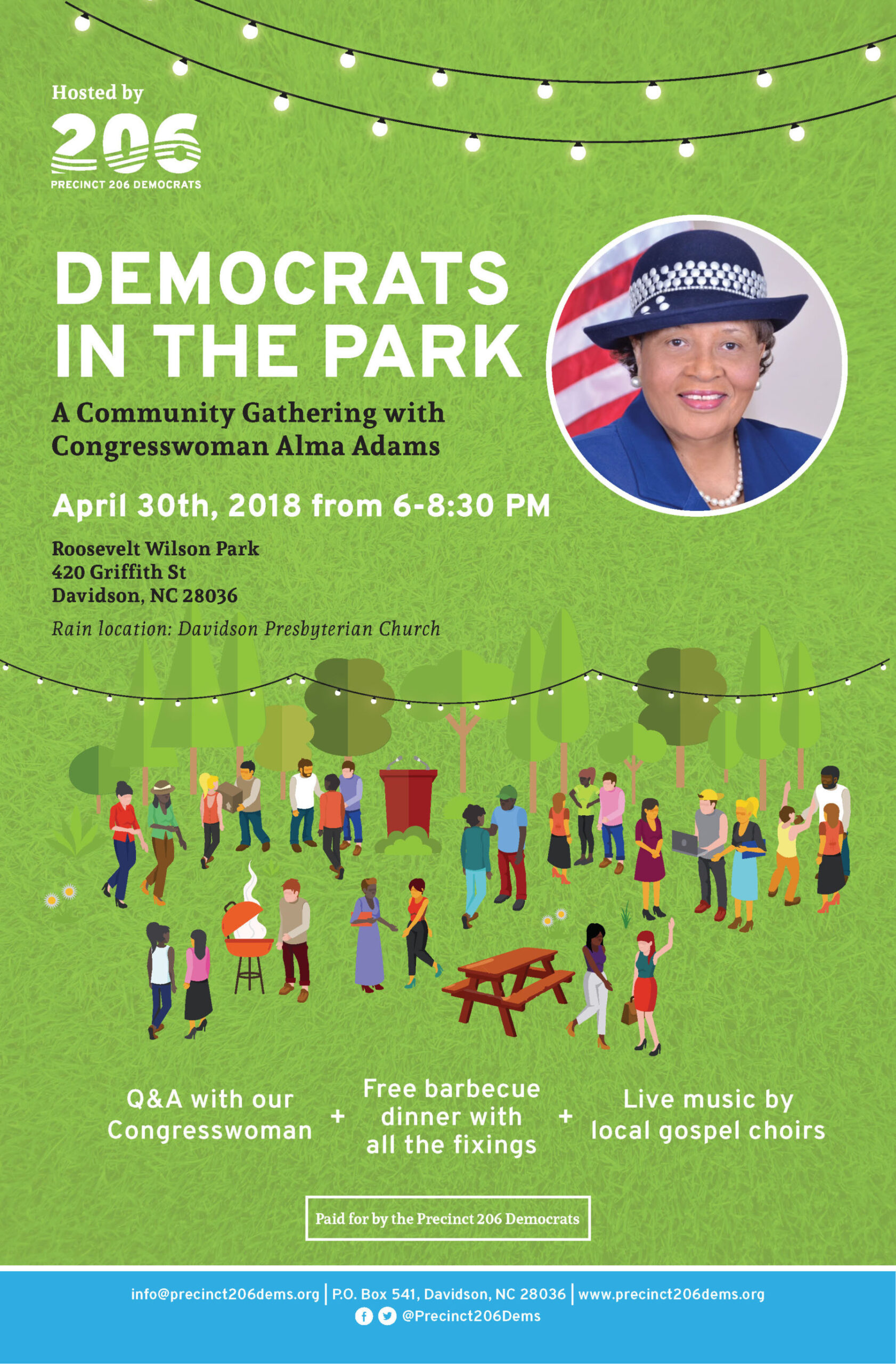 Democrats in the Park, a community gathering with Congresswoman Alma Adams on Monday, April 30, from 6-8:30pm